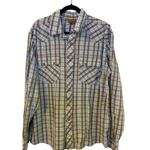 Ariat Western Plaid Snap Shirt Silver Metallic Thread Pearl Button XL Brown
